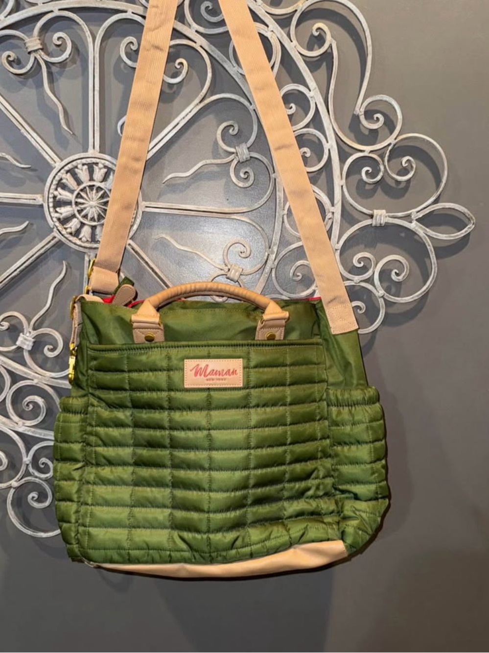 Stylish diaper bag Olive Quilted Tote Bag Olive Red Maman brand